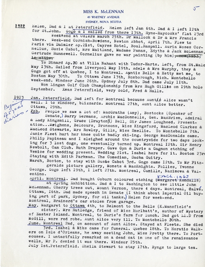 Katharine McLennan's Diary